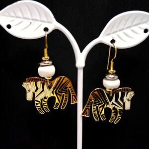 Laurel Burch Wild Zebra Earrings Gold Cloisonne Enamel Vintage 80s